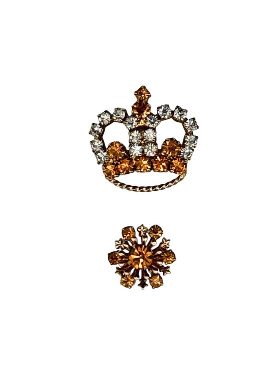 Estate Jewelry - Vintage Crown Brooch Starburst Scatter Pin Gold Tone Rhinestones 2pc Prong-Set